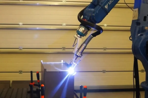 Cánh tay robot hàn TIG di chuyển đầu hàn theo đường dẫn đã lập trình, tạo ra các mối hàn đều, chính xác và đẹp mắt Cánh tay robot hàn TIG di chuyển đầu hàn theo đường dẫn đã lập trình, tạo ra các mối hàn đều, chính xác và đẹp mắt