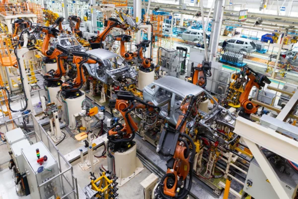Dây chuyền hàn ô tô, robot nhận lệnh hàn từ hệ thống MES Dây chuyền hàn ô tô, robot nhận lệnh hàn từ hệ thống MES