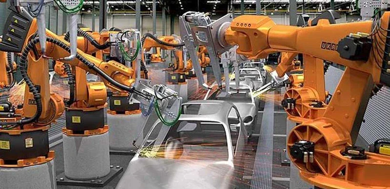 Robot 6 trục đang hàn khung xe Robot 6 trục đang hàn khung xe