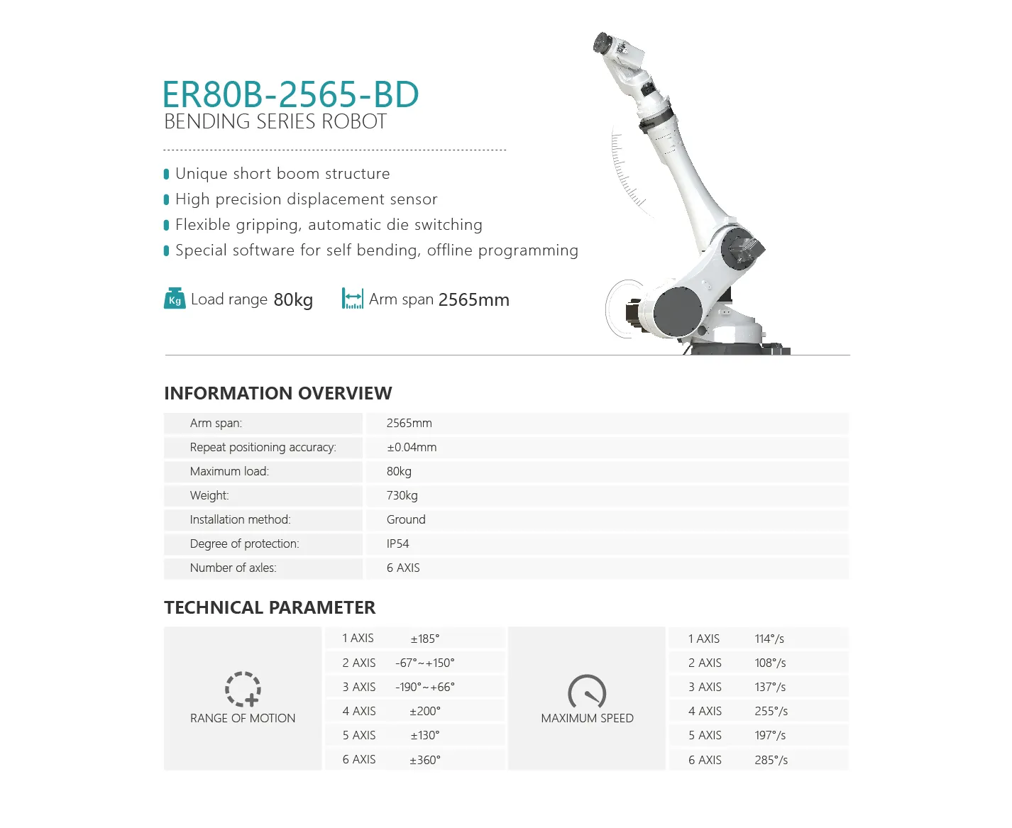 Thông số kỹ thuật Robot chấn chuyên dụng Estun ER80B-2565-BD Thông số kỹ thuật Robot chấn chuyên dụng Estun ER80B-2565-BD