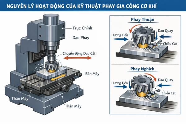 Hình ảnh nguyên lý hoạt động của của kỹ thuật phay gia công cơ khí