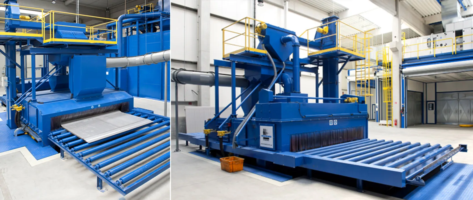 Máy phun bi băng tải được thiết kế để làm sạch bề mặt kim loại liên tục trong dây chuyền sản xuất Máy phun bi băng tải được thiết kế để làm sạch bề mặt kim loại liên tục trong dây chuyền sản xuất