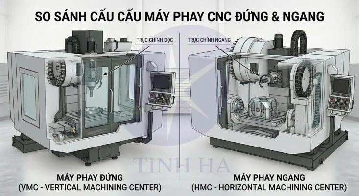 Máy phay trục đứng và trục ngang khác nhau ở hướng bố trí trục chính gia công Máy phay trục đứng và trục ngang khác nhau ở hướng bố trí trục chính gia công