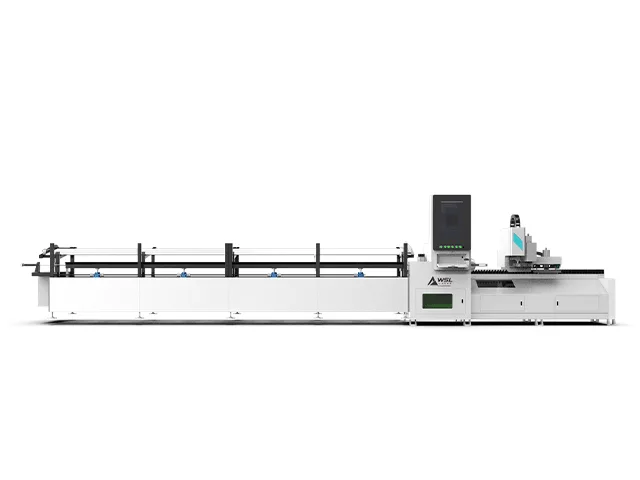 Thiết kế máy laser cắt ống Han's F1 với hệ thống thân máy dài, mâm cặp và bàn đỡ phôi chuyên dụng.