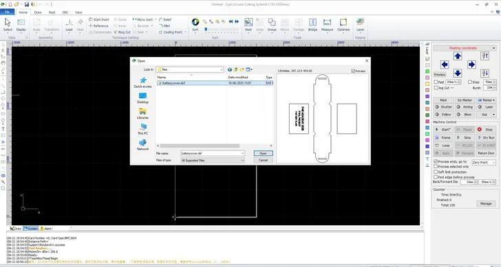 Giao diện phần mềm cắt laser xử lý bản vẽ DXF trước khi gia công