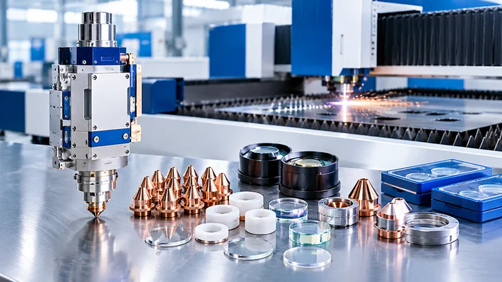 Phụ kiện máy cắt laser Fiber gồm đầu cắt laser, béc cắt đồng, thấu kính bảo vệ và vòng sứ